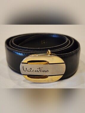 Vintage Valentino Men's Black Leather Belt with Gold-Tone Signature Buckle